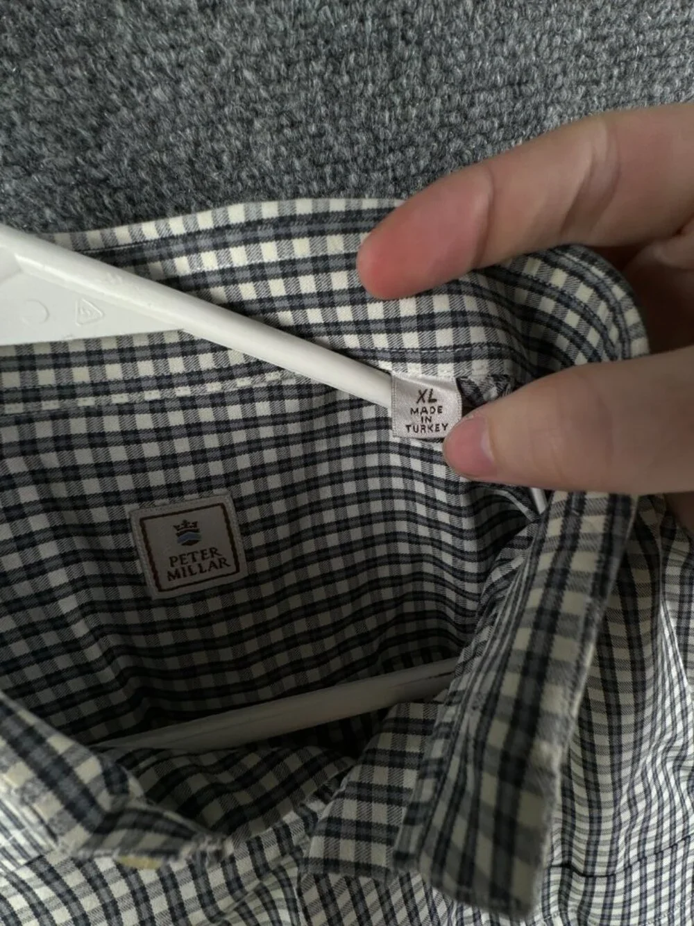 Peter Millar XL Long Sleeve Button Up Shirt Blue Ivory Check Cotton Men Adult *